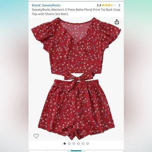 Amazon Women’s 2 pc boho floral print tie back crop top with shorts set